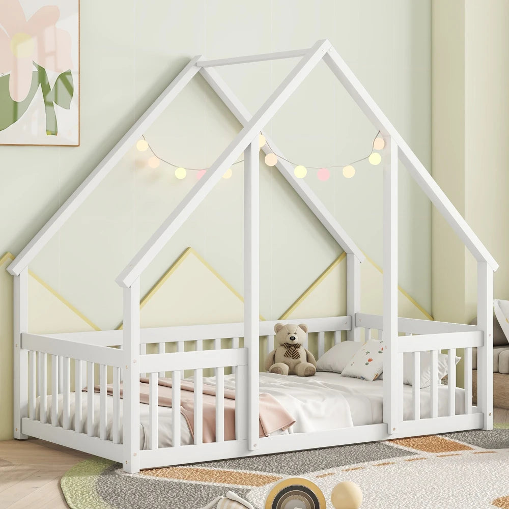 DAAY BABY Twin Wood House-Shaped Floor Bed with Fence