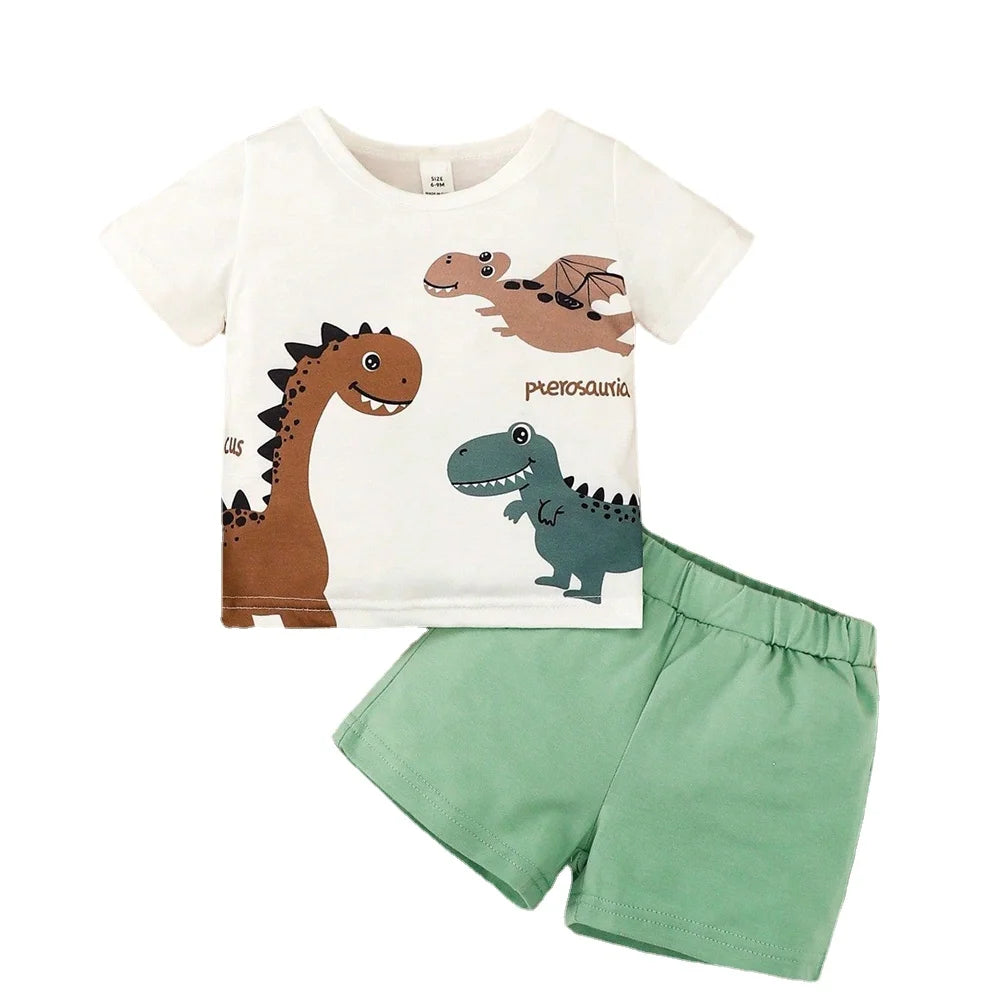 DAAY BABY Dinosaur White Short Sleeve Top+Brown Shorts