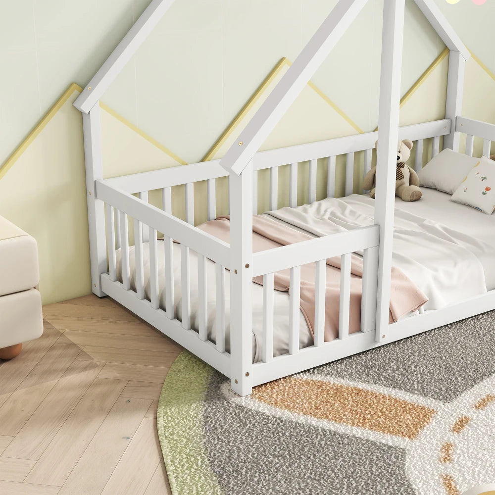 DAAY BABY Twin Wood House-Shaped Floor Bed with Fence