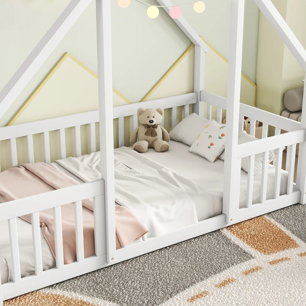 DAAY BABY Twin Wood House-Shaped Floor Bed with Fence