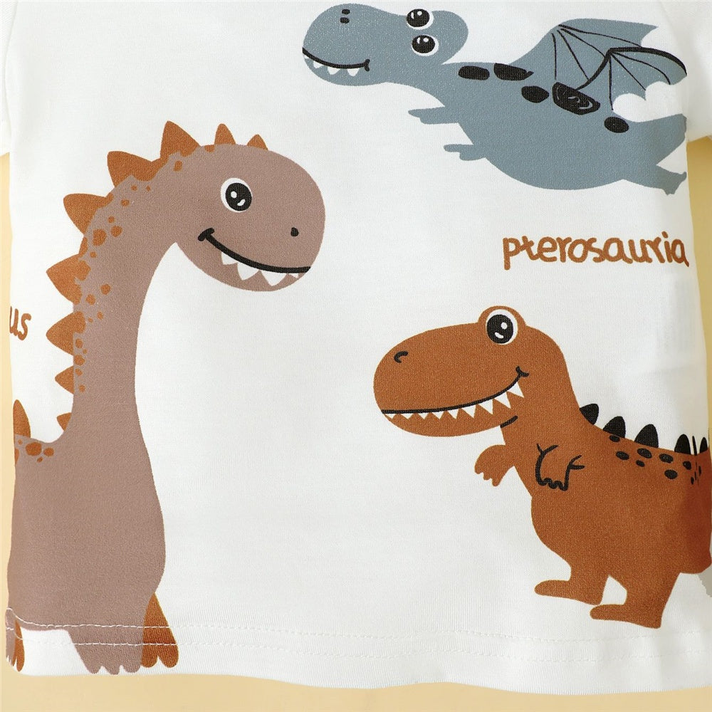 DAAY BABY Dinosaur White Short Sleeve Top+Brown Shorts