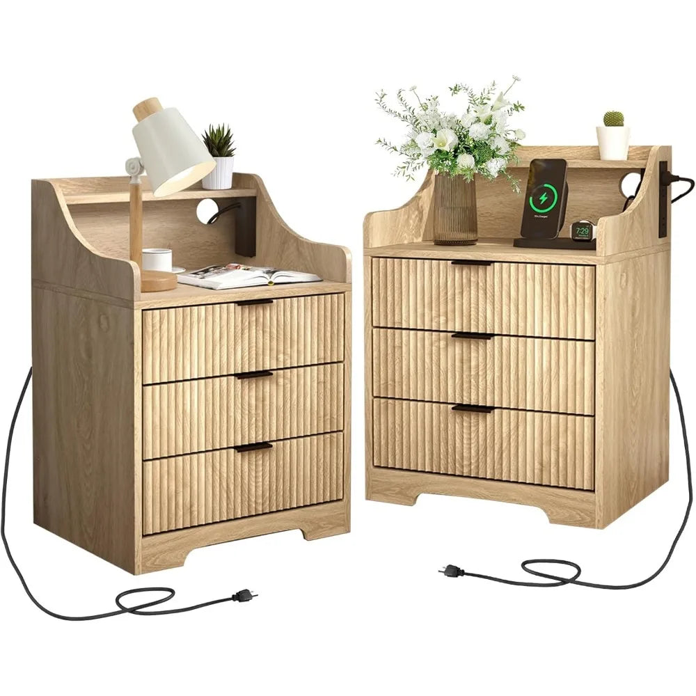 DAAY BABY Fluted Nightstand with charging station (Set of 2)