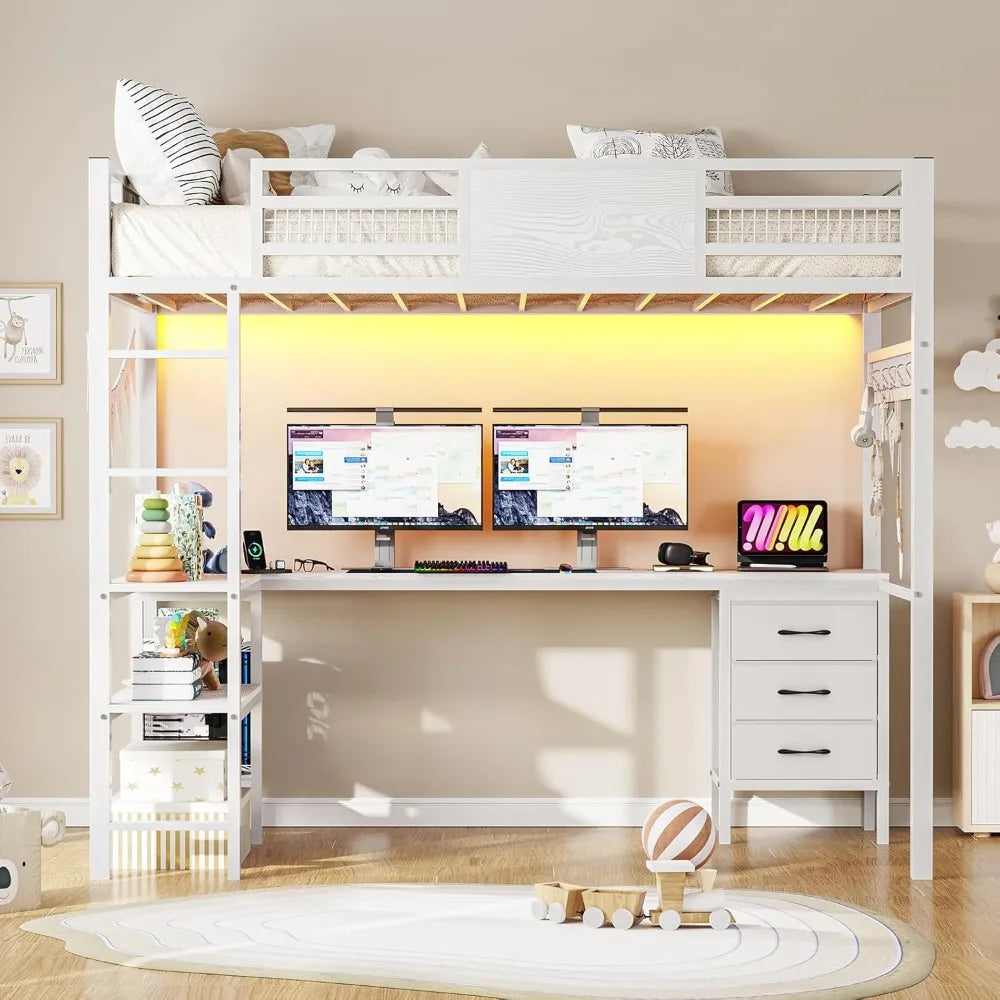 DAAY BABY Twin Loft Bed with L-Shaped Desk